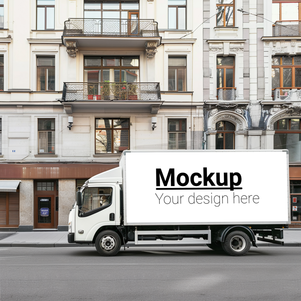 A white truck is parked in front of a building psd