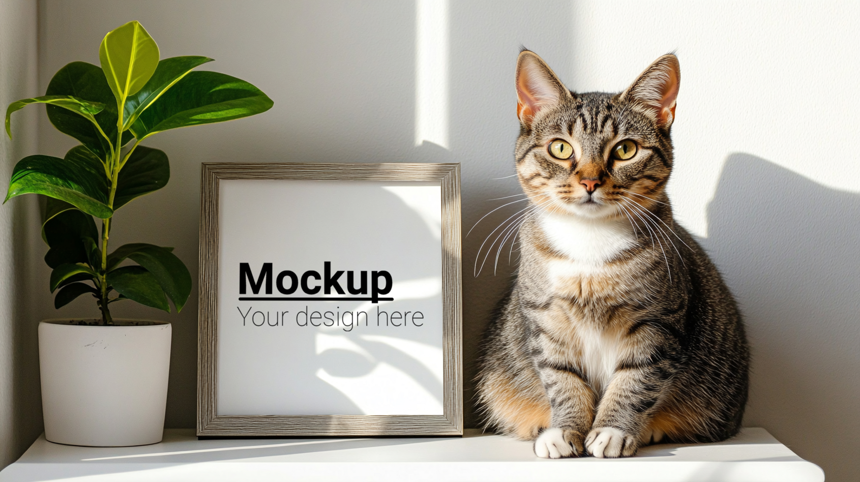 Cat mockup in front of a framed picture frame psd