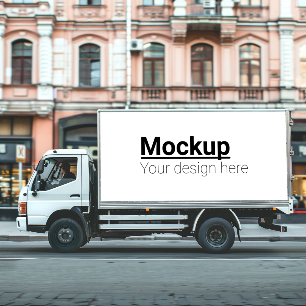 A white truck with a blank billboard on the side of it psd