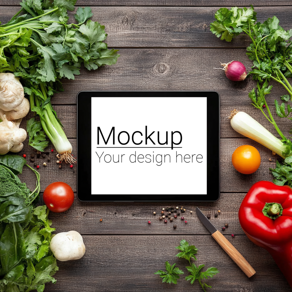 Tablet pc with mockup of vegetables on wooden background psd