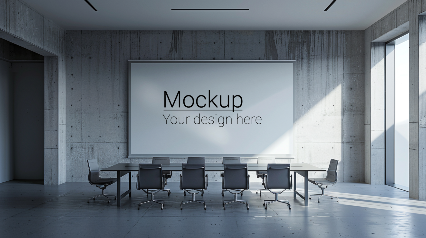 A conference room with a large screen and chairs psd