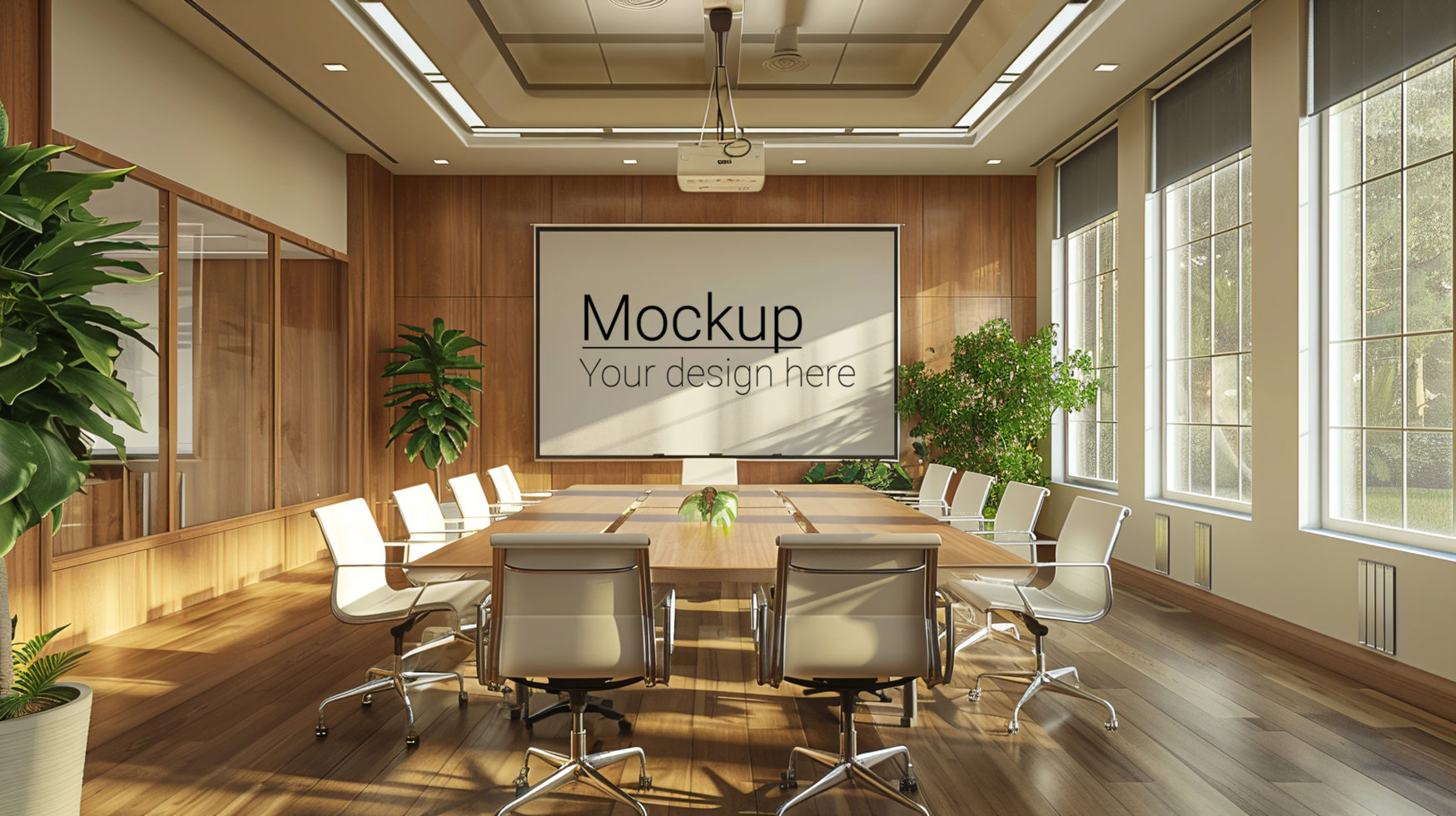 A conference room with a large screen psd