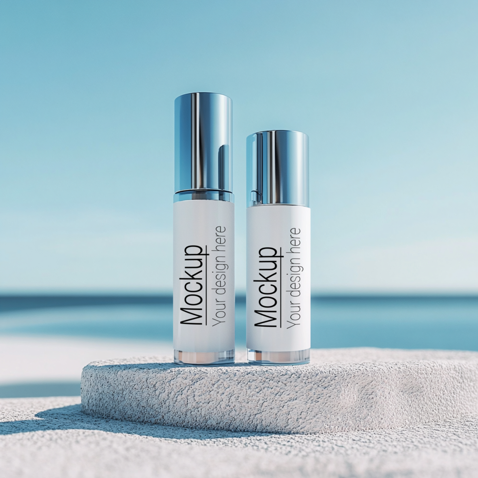 Two bottles of cosmetic products on a beach psd