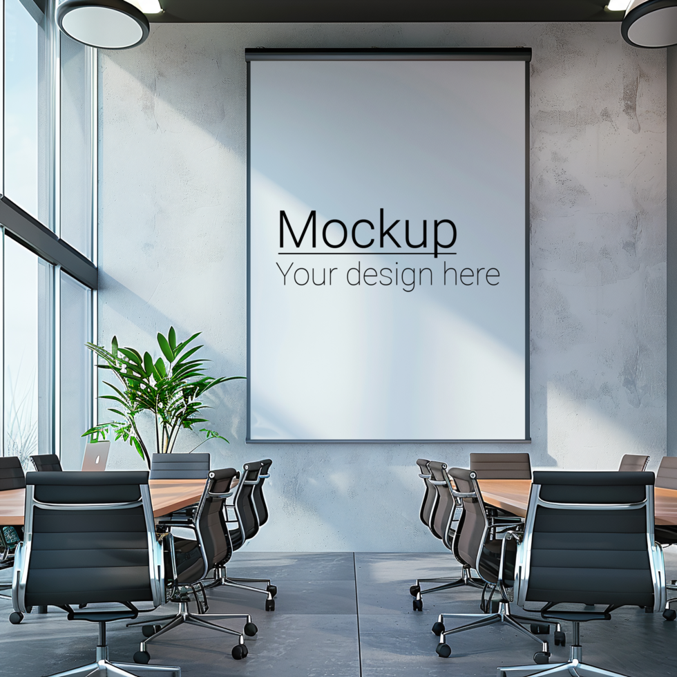 A conference room with a large screen and chairs psd