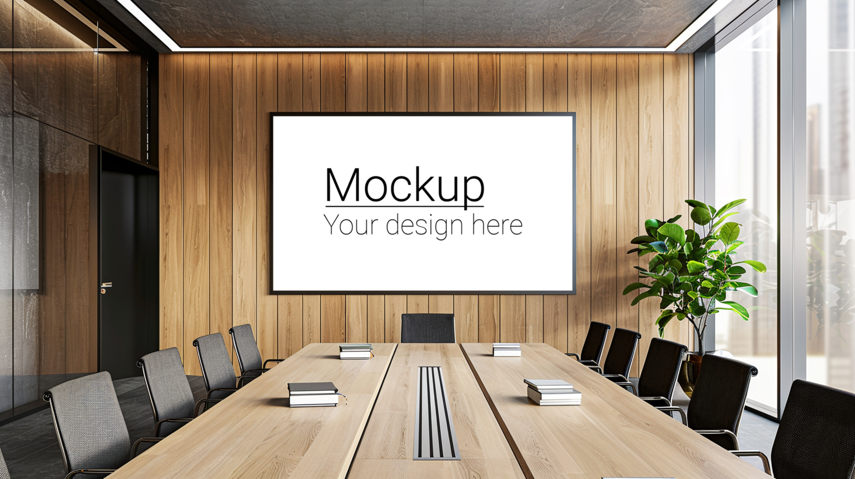 Mockup of a conference room with wooden walls and a large screen psd
