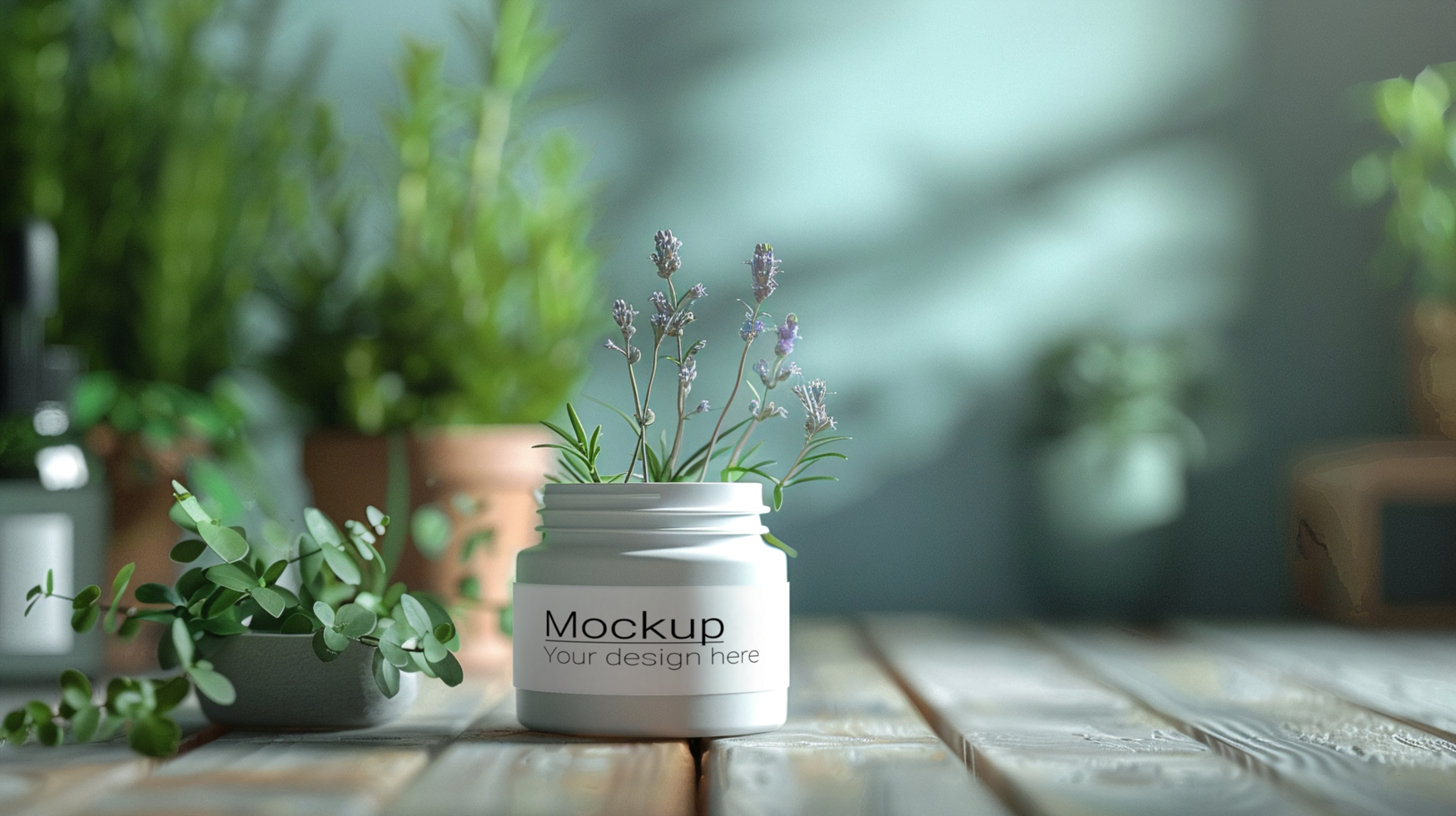 Potted plants on wooden table with white jar mockup psd