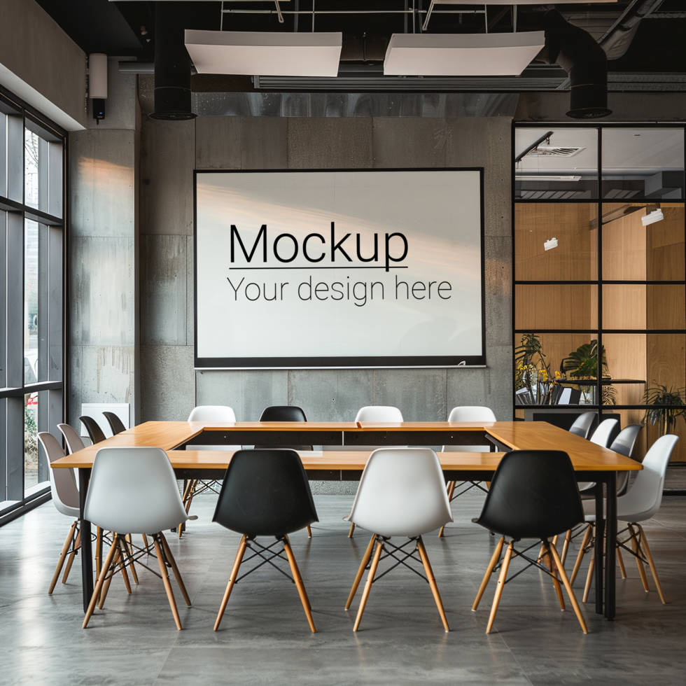 A conference room with a large screen and chairs psd