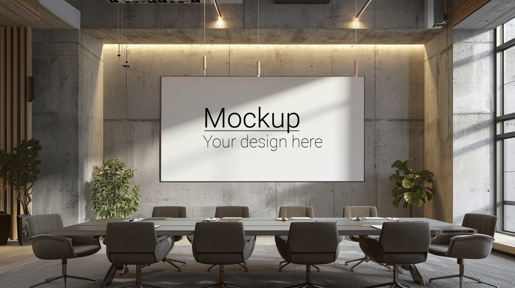A conference room with a large screen and chairs psd