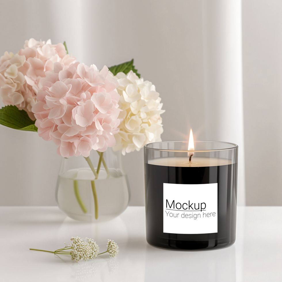 Candle mockup with flowers on a table psd