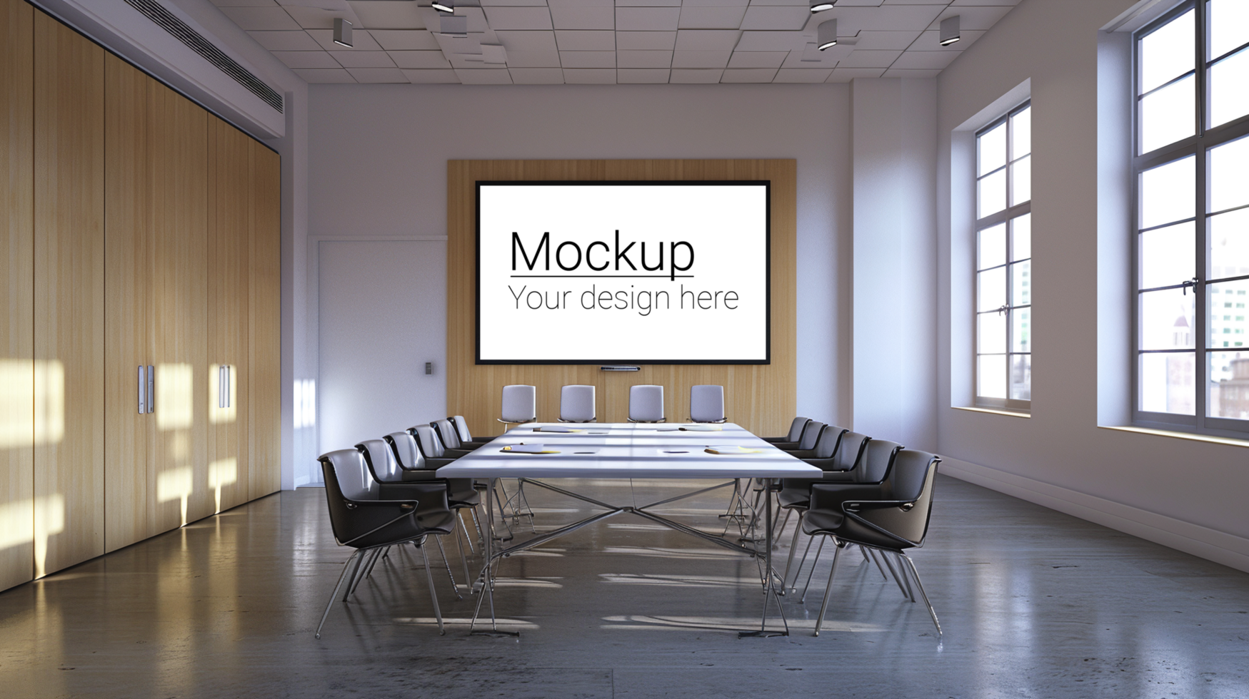 A conference room with a large screen and chairs psd
