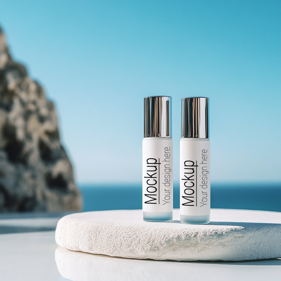 Two bottles of cosmetic products sit on a rock near the ocean psd