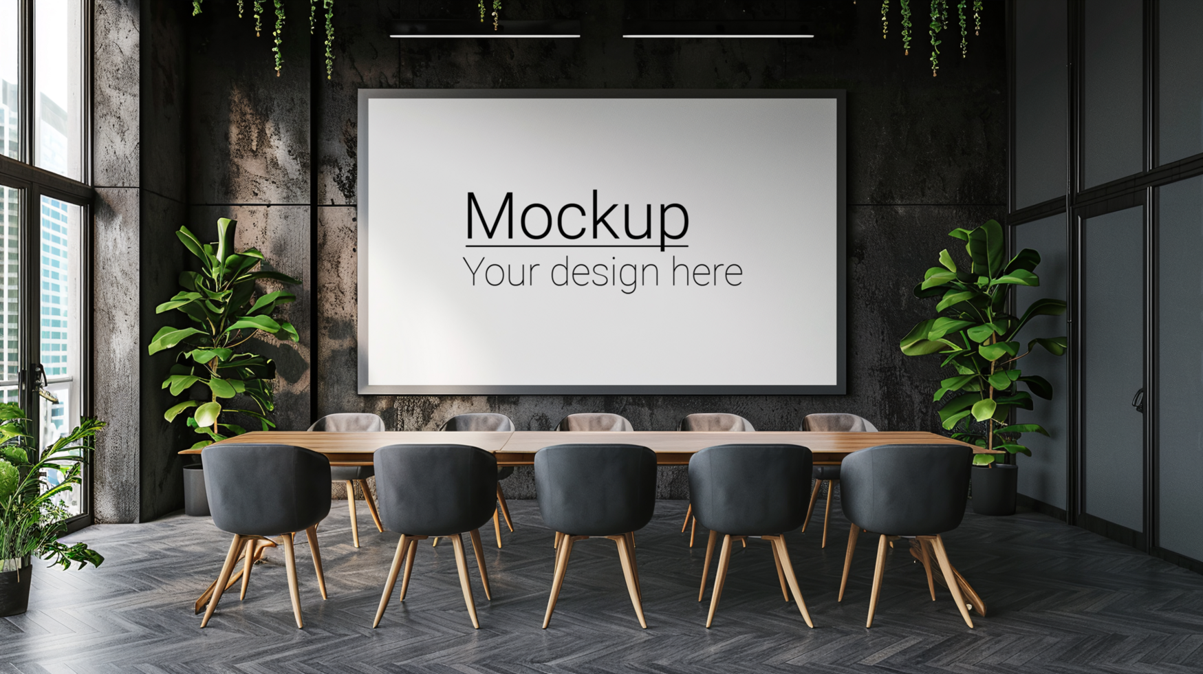 A conference room with a large screen and chairs psd