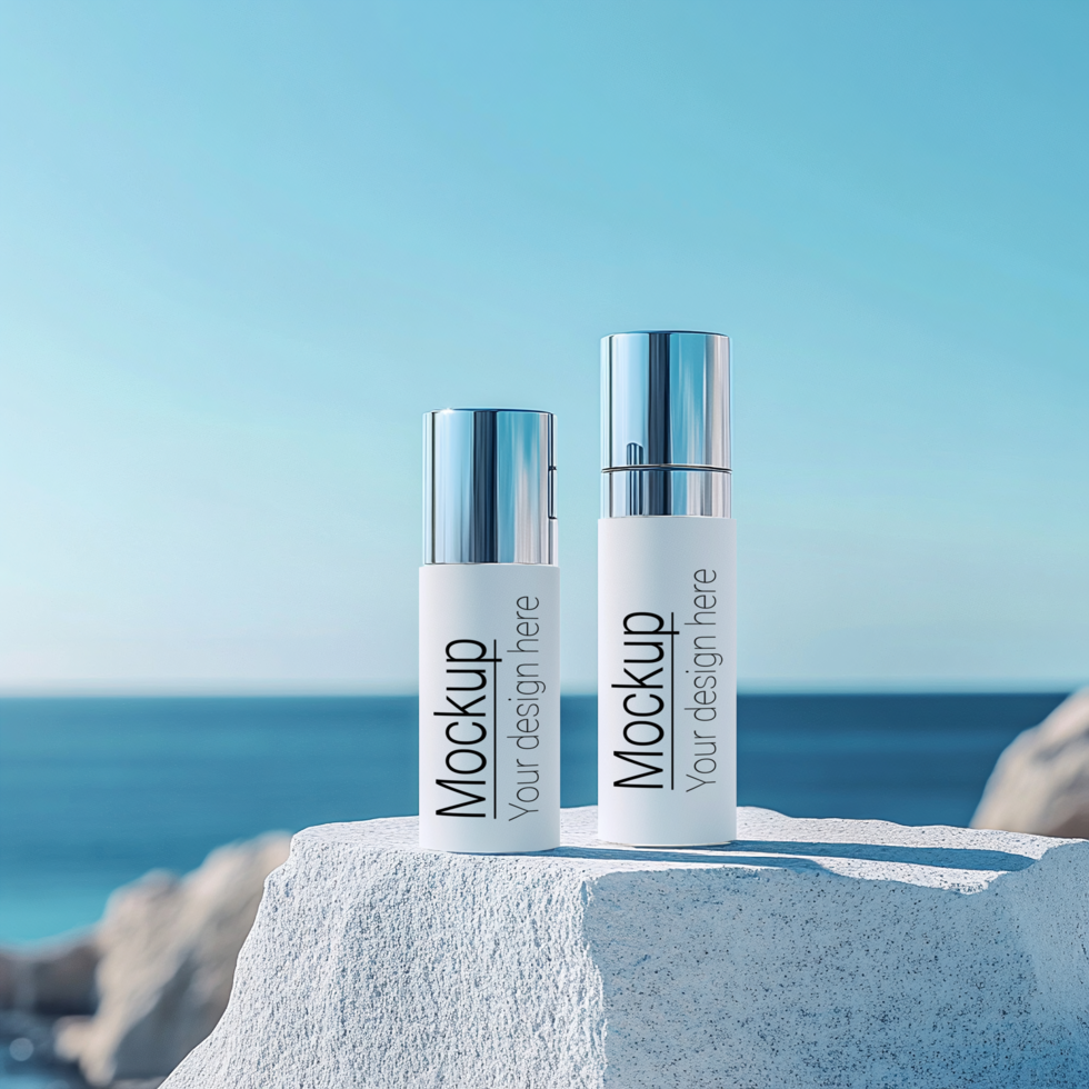 Two bottles of skin care products on a rock near the ocean psd