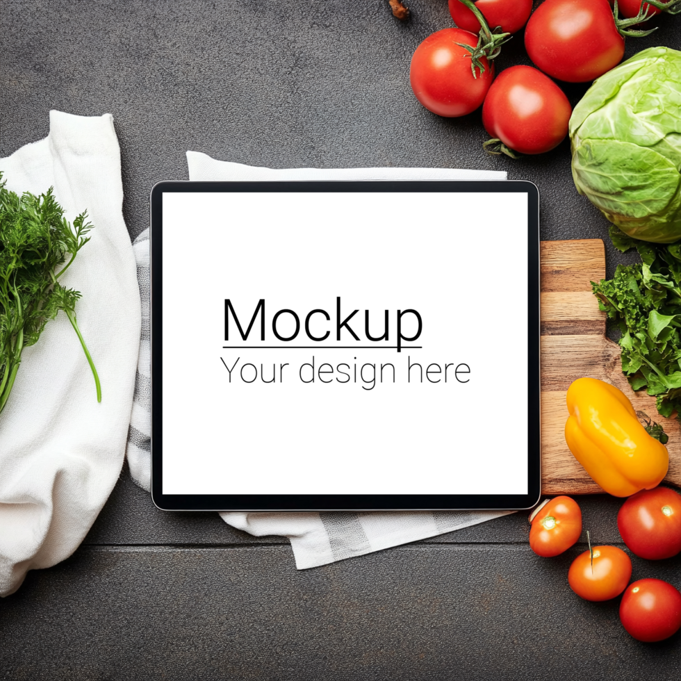 Tablet pc mockup on a cutting board psd