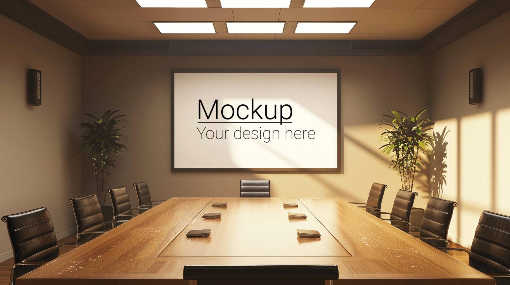 A conference room with a large screen and chairs psd