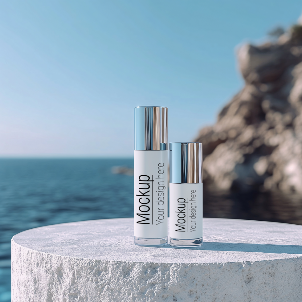 Two bottles of skin care sitting on a rock psd