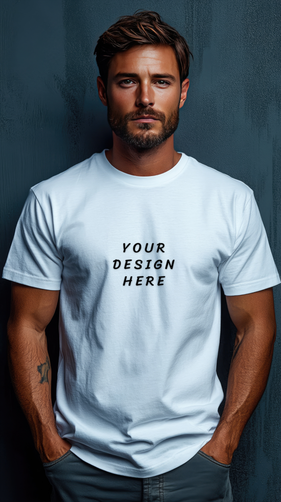 Man in a white t - shirt mockup with dark background psd