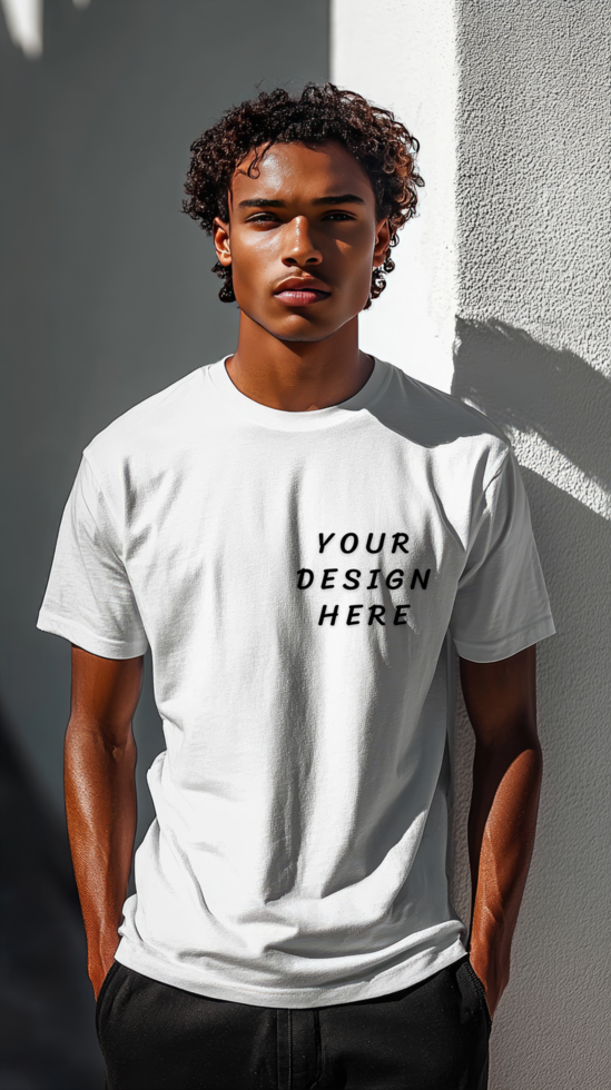A young man with curly hair wearing a white t - shirt mockup psd