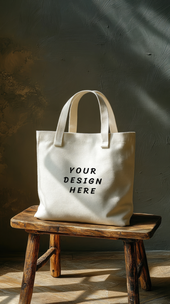 Canvas tote mockup on a wooden stool psd