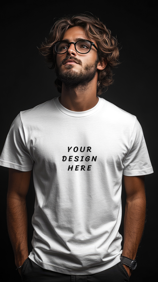 Man in glasses wearing a white t - shirt mockup with black background psd