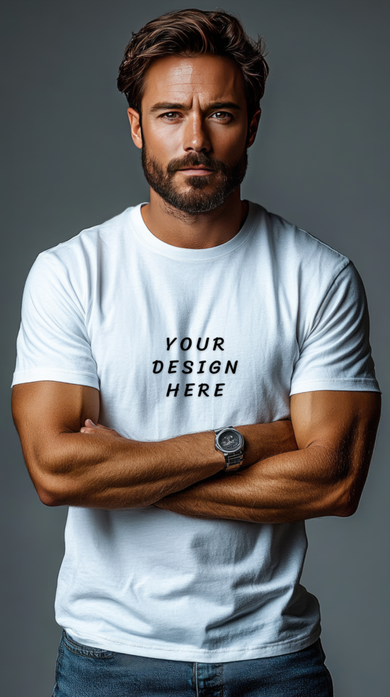 Man crossed his arms in white t-shirt mockup psd