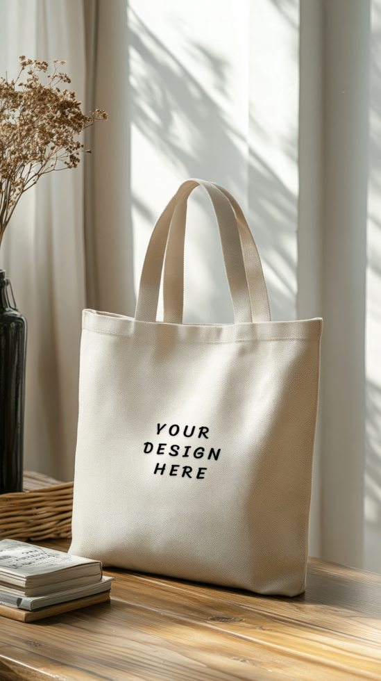 Canvas tote mockup on a wooden table psd