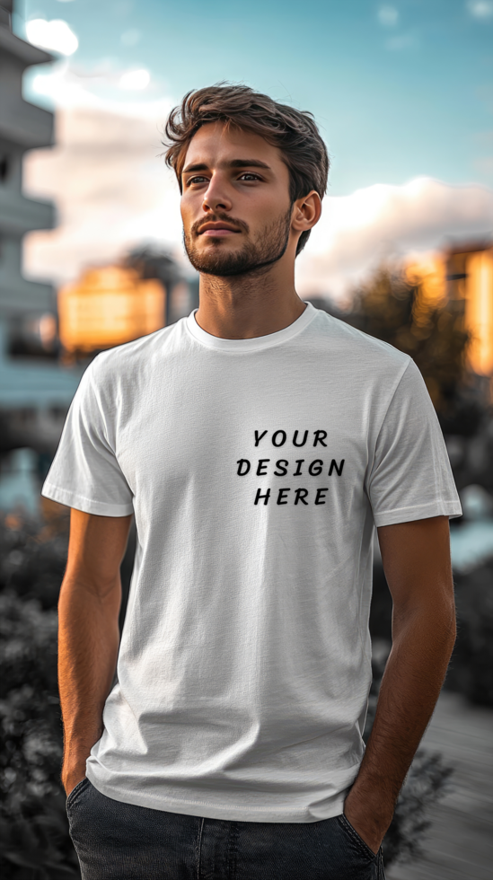Man wearing a white t-shirt mockup with buliding background psd