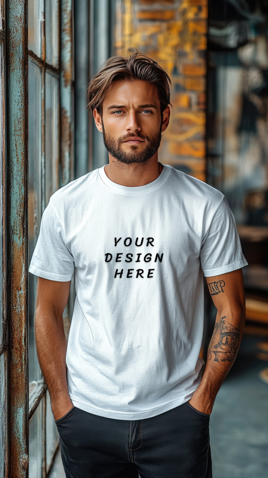 Man in white t-shirt standing beside a window psd