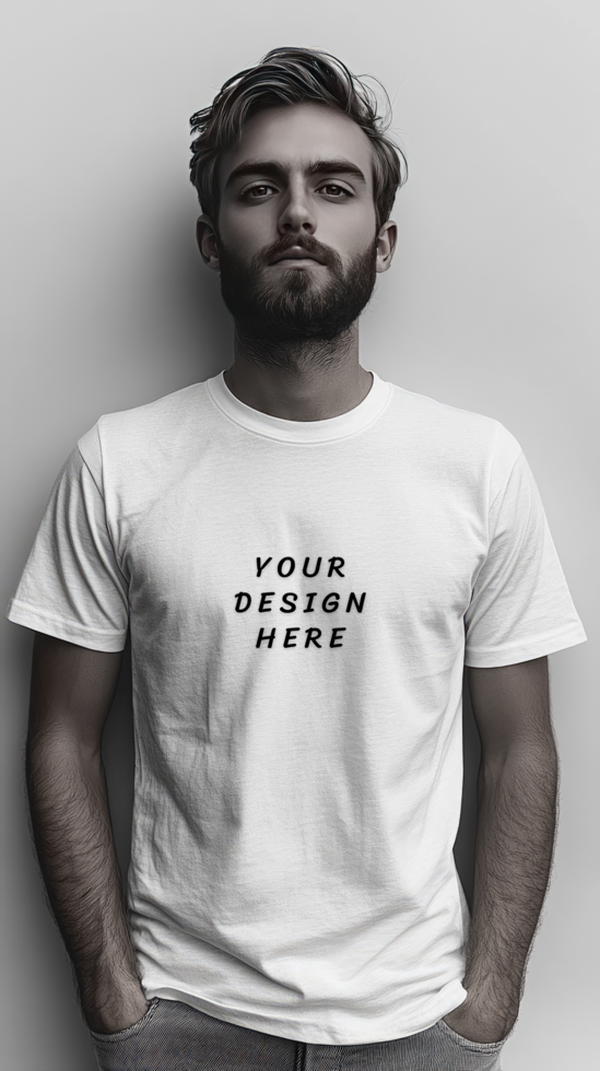 Bearded man wearing a white t - shirt mockup in front of a grey wall psd