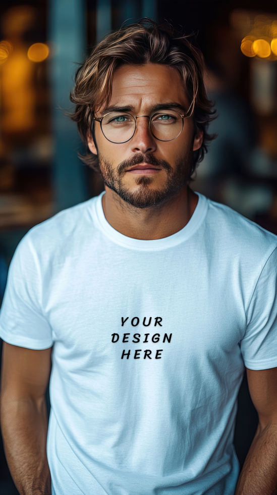 Man with glasses wearing a t - shirt mockup psd