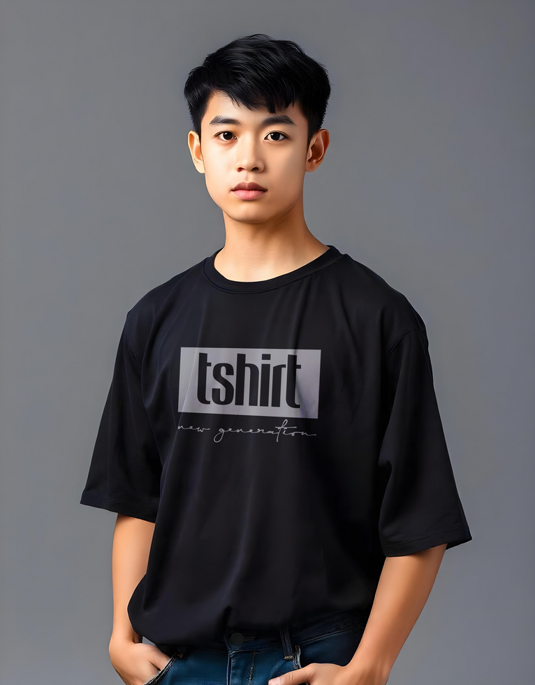A young man wearing a shirt that says ishitt psd