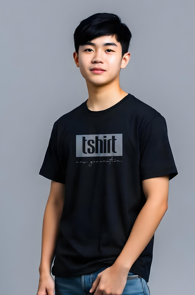 A young man wearing a black t - shirt with the word t - shirt on it psd