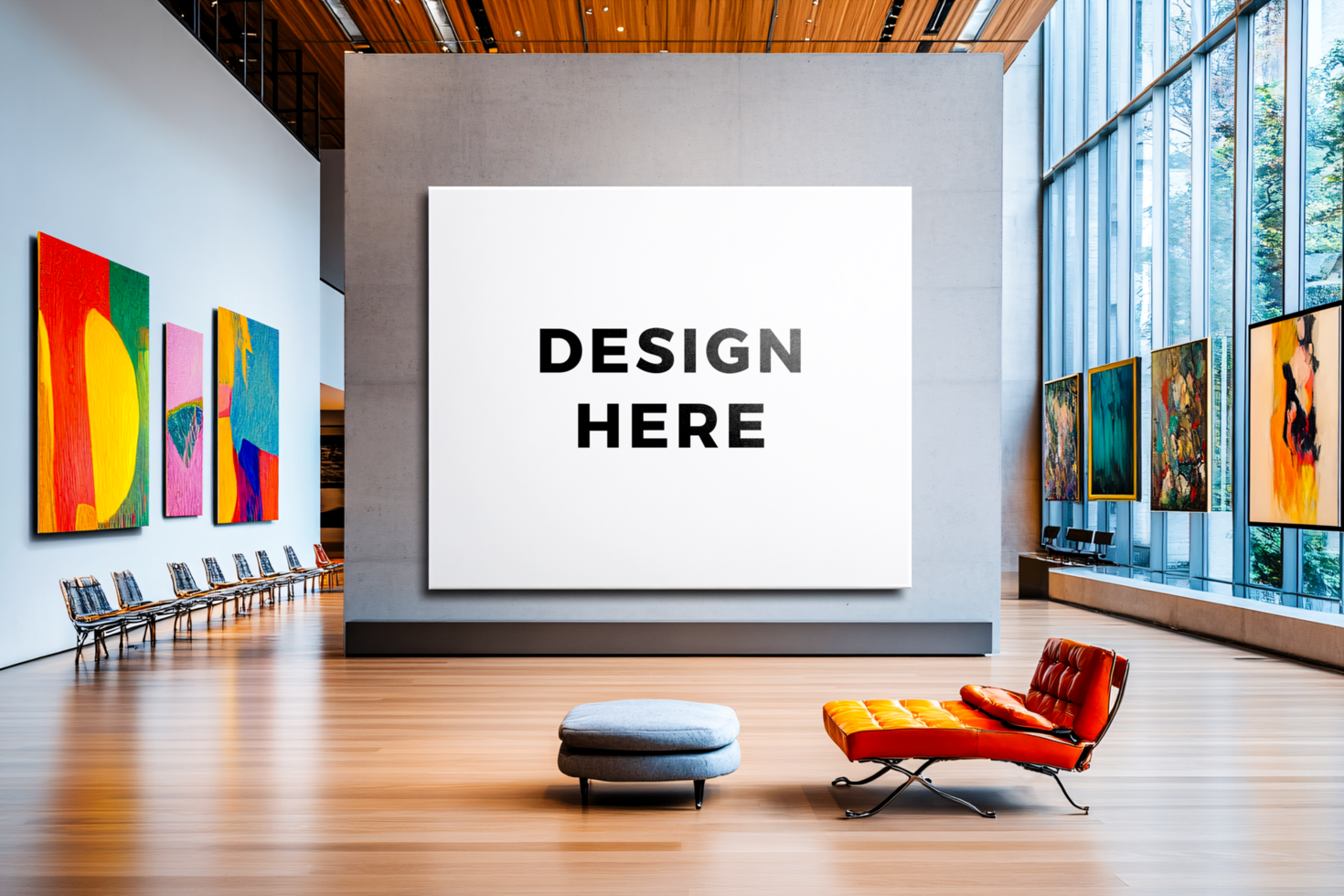 Large painting canvas mockup in modern art gallery for branding and artwork placement psd