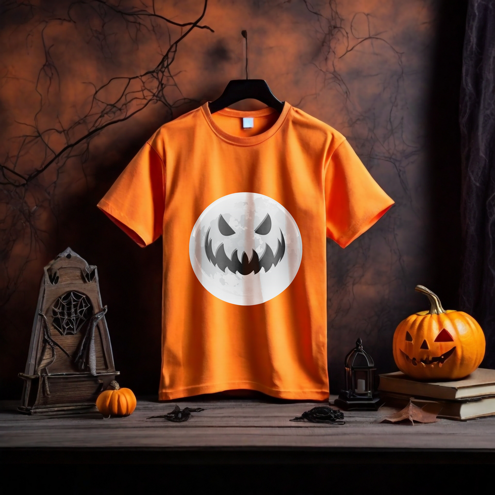 Orange t-shirt mockup with Halloween dark home decor background psd
