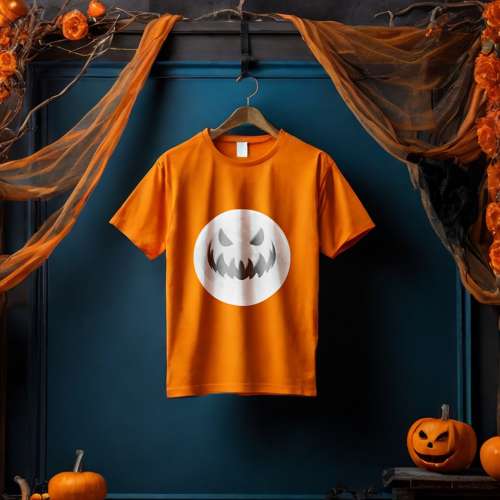 Orange t-shirt mockup with Halloween home decor background psd