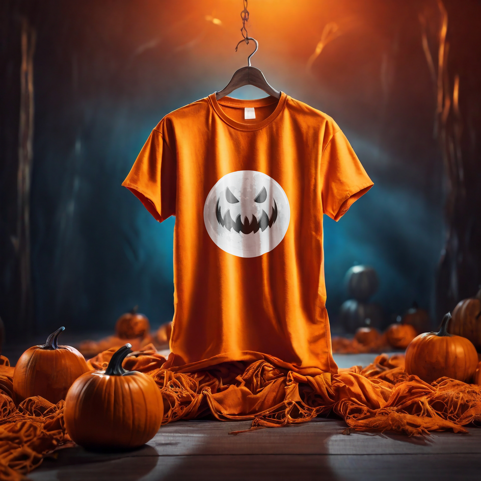 Orange t-shirt mockup with Halloween forest horror background psd