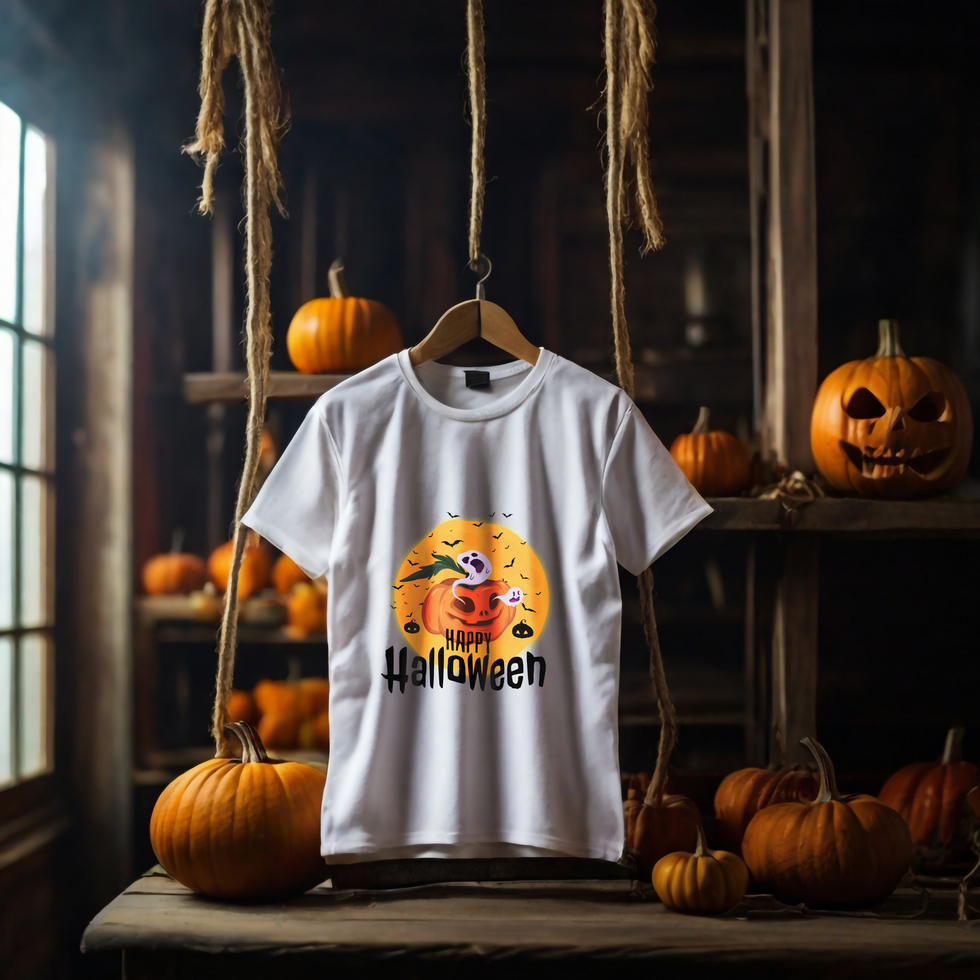 White t-shirt mockup with room Halloween background psd