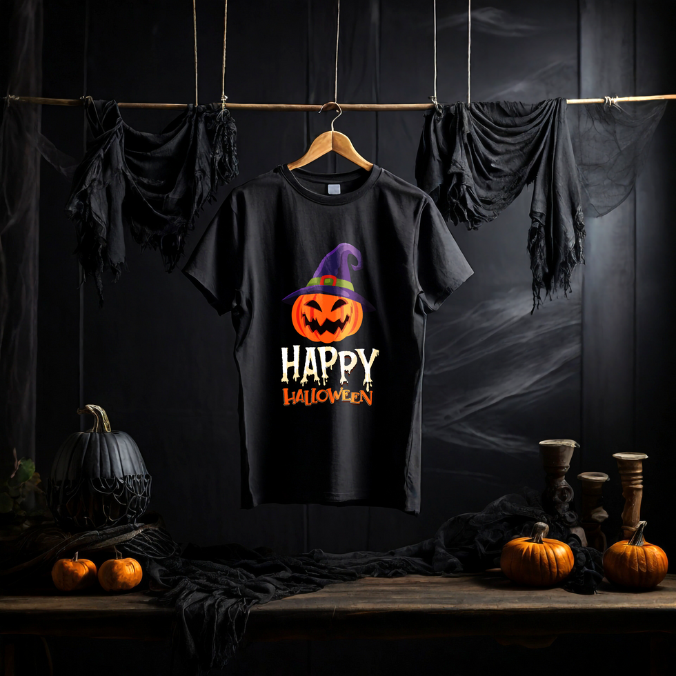 Black T-shirt mockup with cinematic classic Halloween home decor background psd