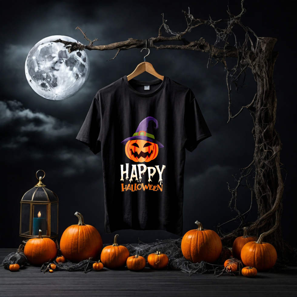 Black T-shirt mockup with cinematic Halloween background psd