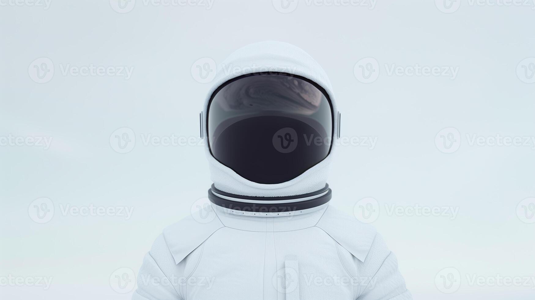 Modern Astronaut In White Spacesuit, Front View Of Space Explorer With Reflective Visor, Minimalist Space Themed Portrait With Blank Background photo