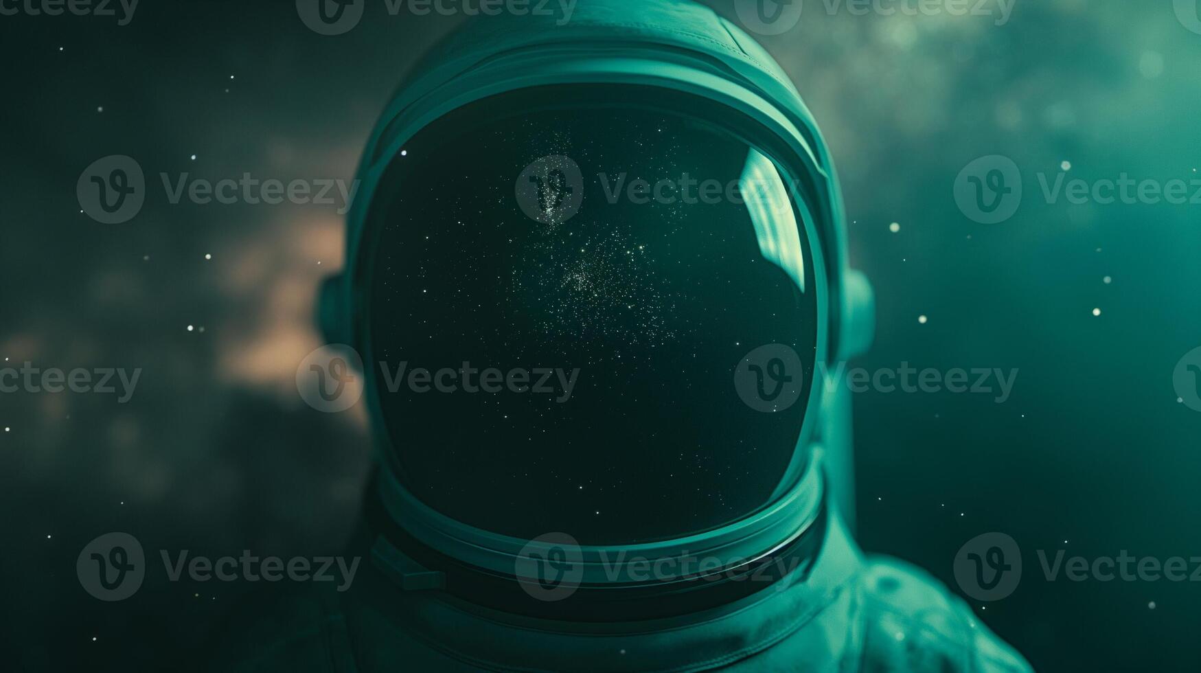 Astronaut In Outer Space, Helmet Reflection Of Stars And Galaxy, Futuristic Space Exploration, Astronomical Background, Sci-Fi Concept, Dark Green And Teal Tones, Space Travel Theme Deep Universe photo