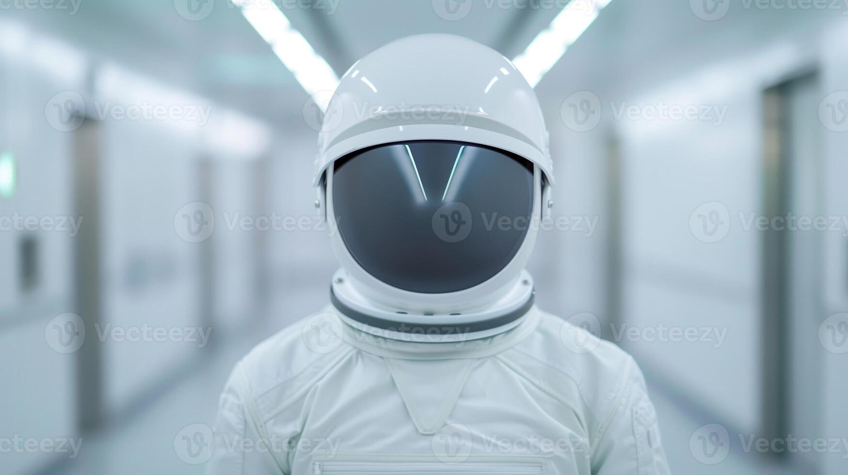 Futuristic Astronaut in White Space Suit Standing in Sci-Fi Laboratory Hallway, Exploration Concept, White and Minimalist Design, High-Tech Environment photo