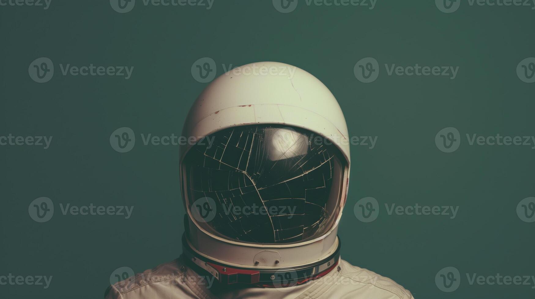 Cracked Astronaut Helmet Visor with Dark Green Background, Space Suit Reflection, Outer Space Exploration, Science Fiction Imagery, Futuristic Space Exploration Concept photo