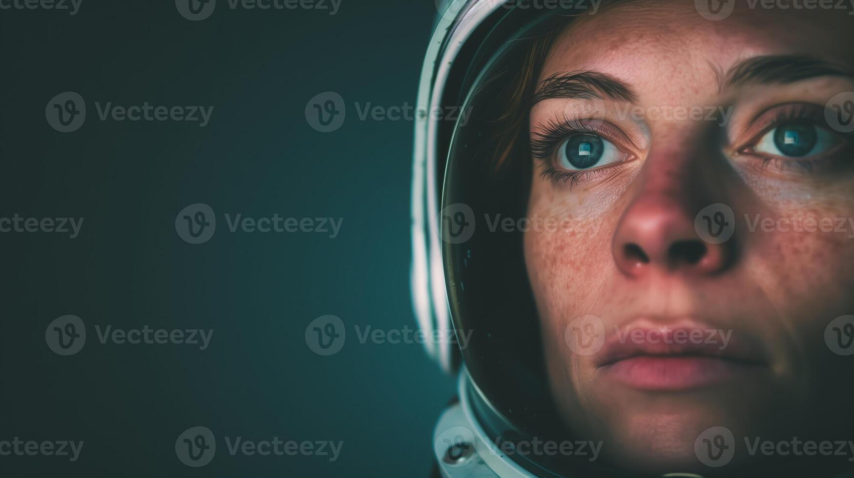Determined Female Astronaut Close-Up, Intense Gaze in Space Helmet, Space Exploration Concept, Deep Blue Background, Astronaut's Resolve and Focus, Space Mission Portrayal, Human Space Journey photo