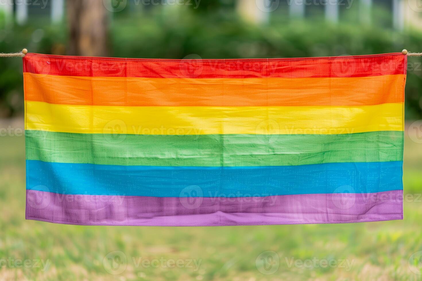 LGBT Pride Rainbow Flag Outdoors on Clothesline, Colorful Symbol of LGBTQ Community and Equality, Close-Up Horizontal View photo
