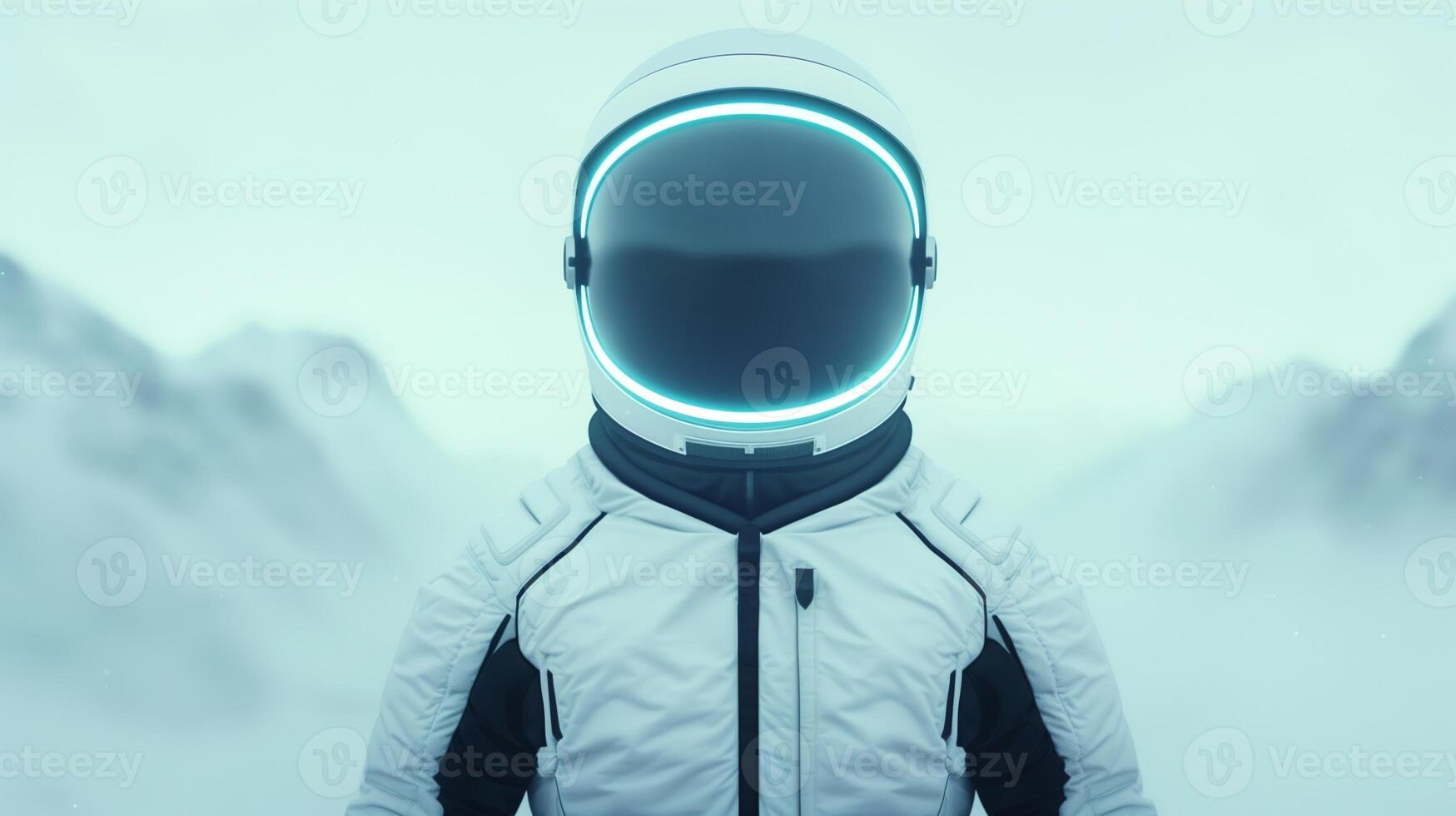 Futuristic Astronaut Exploring Alien Snowy Mountain Landscape in Advanced Spacesuit photo