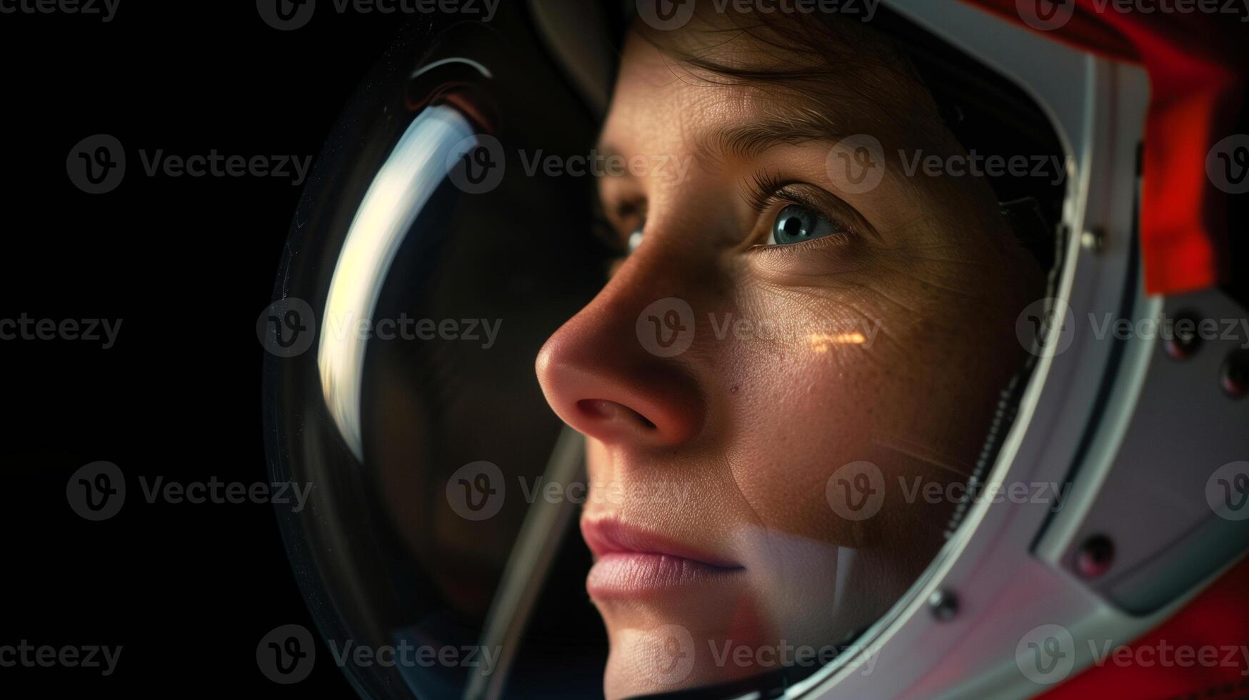 Woman Portrait of Astronaut in Space Suit Helmet Reflecting External Light, Focused Gaze, Dark Background Space Exploration Concept, Scientific Innovation Human Determination, Photorealistic Detail photo