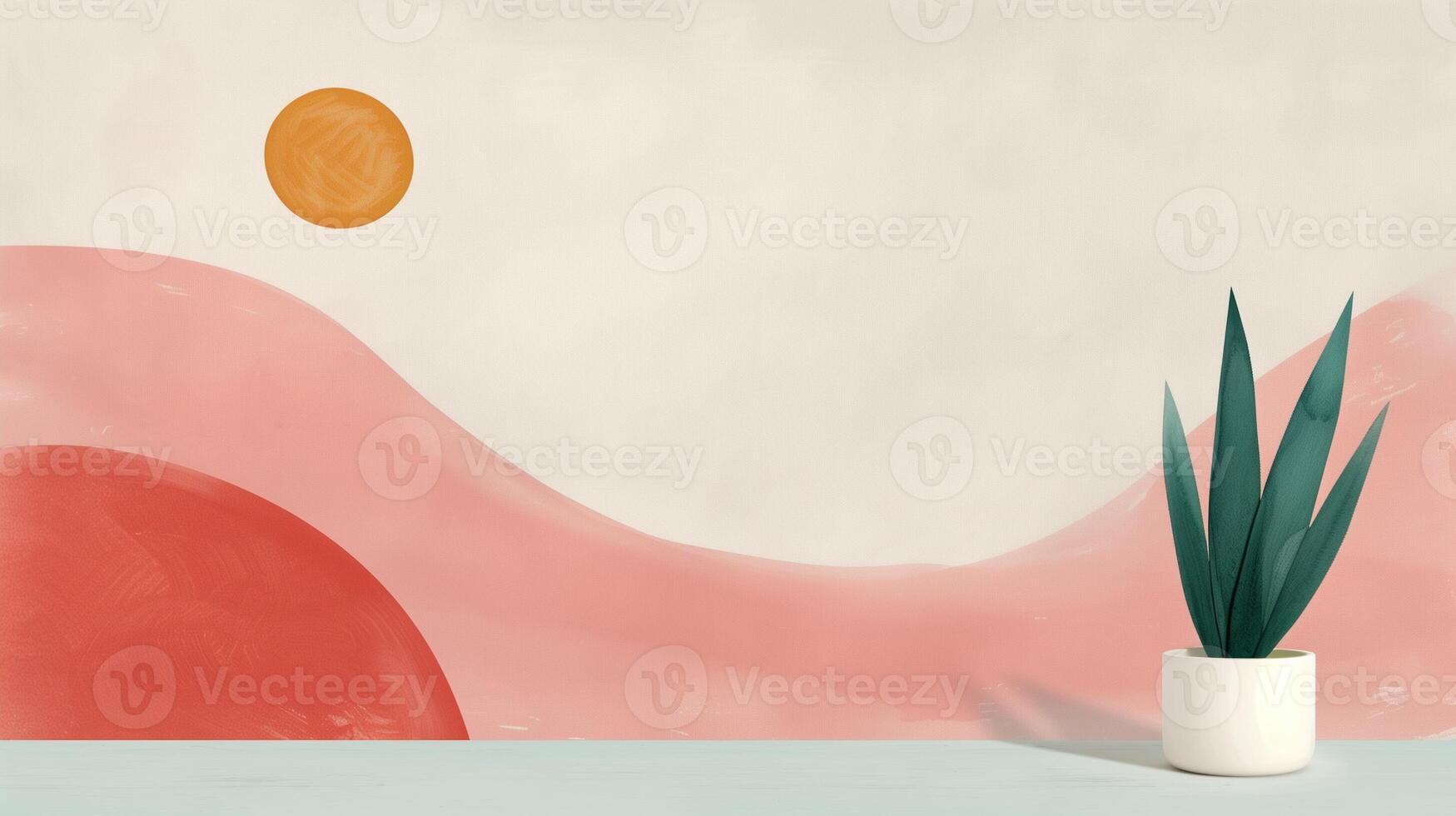 Modern Abstract Minimalist Design with Red and Orange Shapes on Pastel Background with Green Plant in White Pot photo