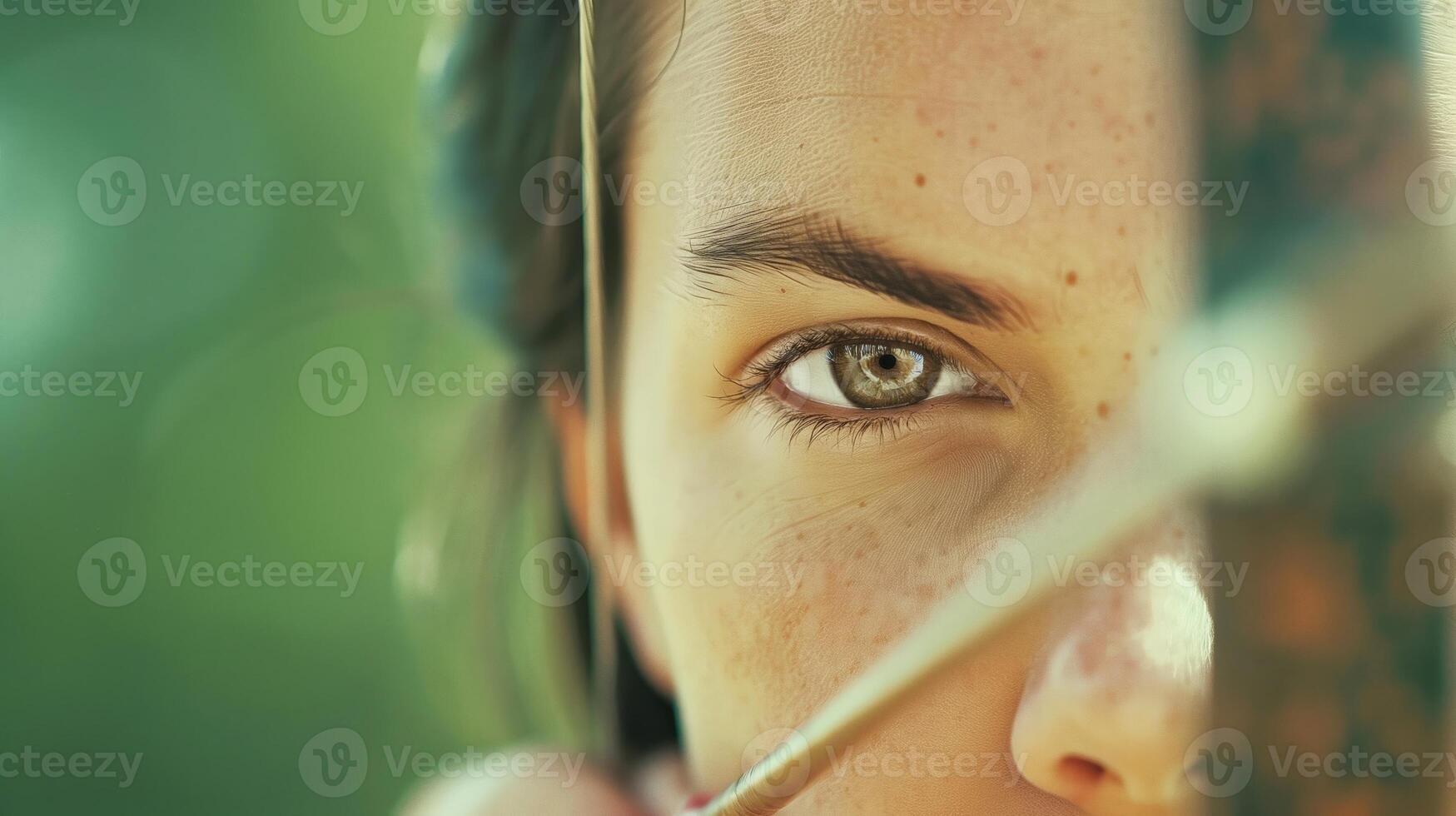 Close-Up Shot of Focused Woman's Eye With Bow And Arrow, Highlighting Precision And Dedication In Archery Against Natural Green Background, Sports, Outdoor Activities, And Motivation Themes photo