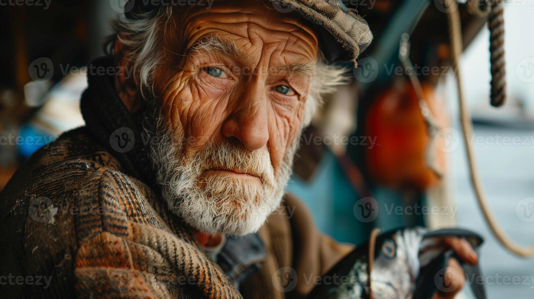 Portrait of an Elderly Fisherman Holding Large Fish on Boat Capturing Rugged Maritime Life with Weather-Worn Face and Expressive Eyes Depicting Hard Work and Resilience in Coastal Fishing Community photo